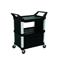 90kg Rated Hi-5 3 Shelf Utility Cart with Lockable Doors, Sliding drawer - Black