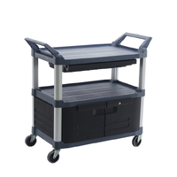 135kg Rated Hi-5 3 Shelf Utility Cart with Lockable Doors, Sliding drawer - Grey