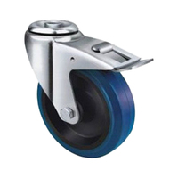 140kg Rated Blue Rubber Castor -100mm - Bolt Hole With Brake