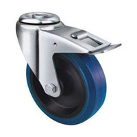 300kg Rated Blue Rubber Castor - 160mm - Bolt Hole With Brake