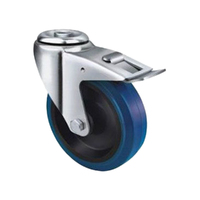 140kg Rated Blue Rubber Castor -100mm - Bolt Hole With Brake