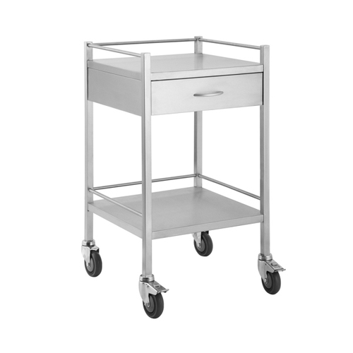 Stainless Steel Medical Trolley - Square with Rails with 1 Drawer  [Delivery: VIC, NSW, QLD]