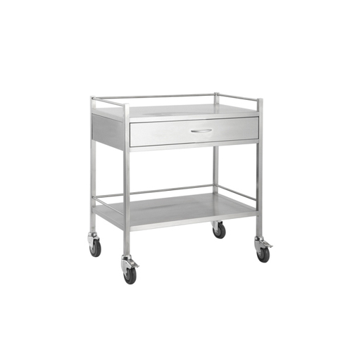 Stainless Steel Medical Trolley - Rectangle with Rails with 1 drawer (full width)  [Delivery: VIC, NSW, QLD]