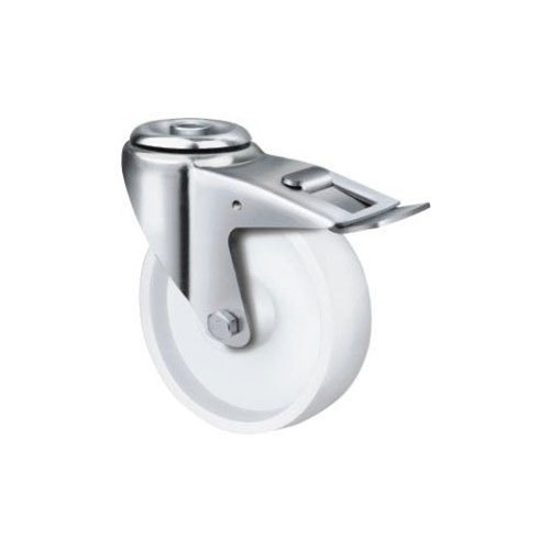 210kg Rated White Nylon Castor - 125mm - Bolt Hole With Brake