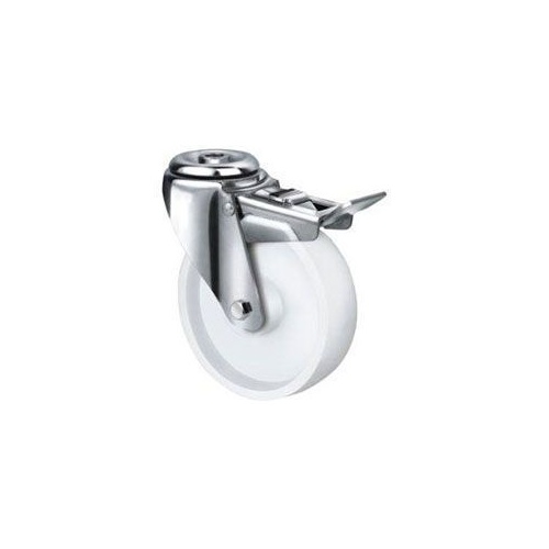 180kg Rated Stainless Steel Nylon Castor - 80mm - Bolt Hole With Brake