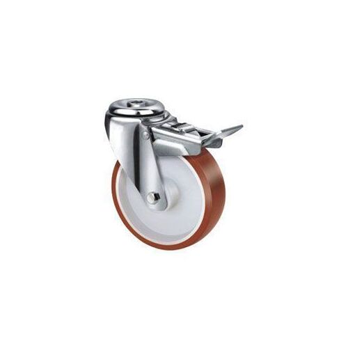 190kg Rated Stainless Steel Urethane Castor - 100mm - Bolt Hole With Brake