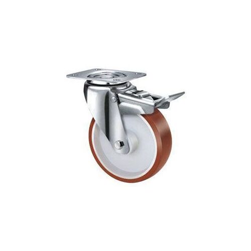 190kg Rated Stainless Steel Urethane Castor - 100mm - Swivel With Brake