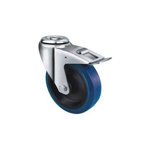 180kg Rated Blue Rubber Castor - 125mm - Bolt Hole With Brake
